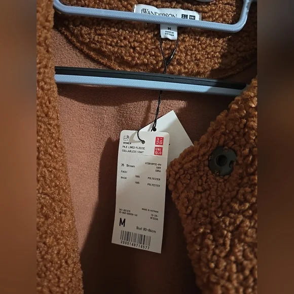 NWT Uniqlo JW Anderson Pile Lined Fleece Sherpa Collarless Coat Women Brown Med - Picture 6 of 10
